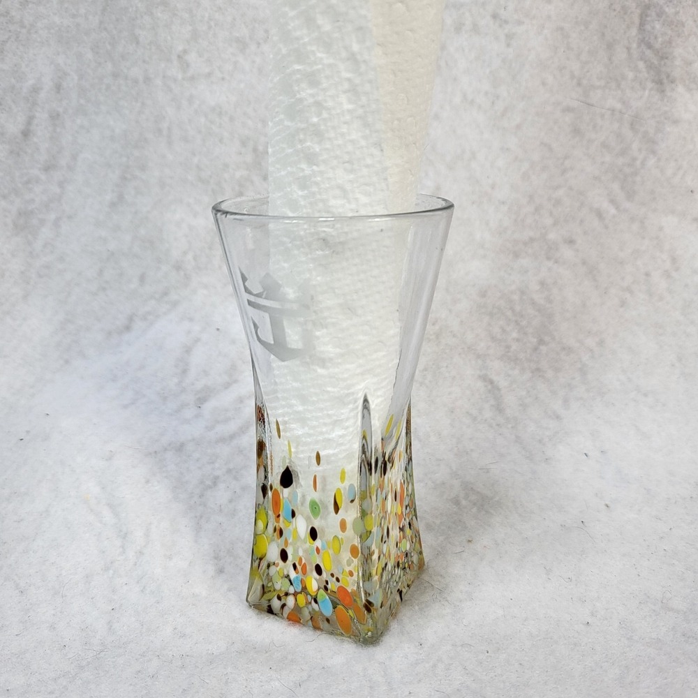 Royal Caribbean Logo Shot Glass Millifiori Style Confetti Speckled Bud Vase 4.5"